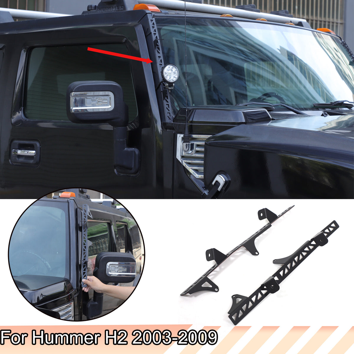 Black Steel A-Pillar LED Light Bar Mount Bracket For Hummer H2 2003-2009 US 2