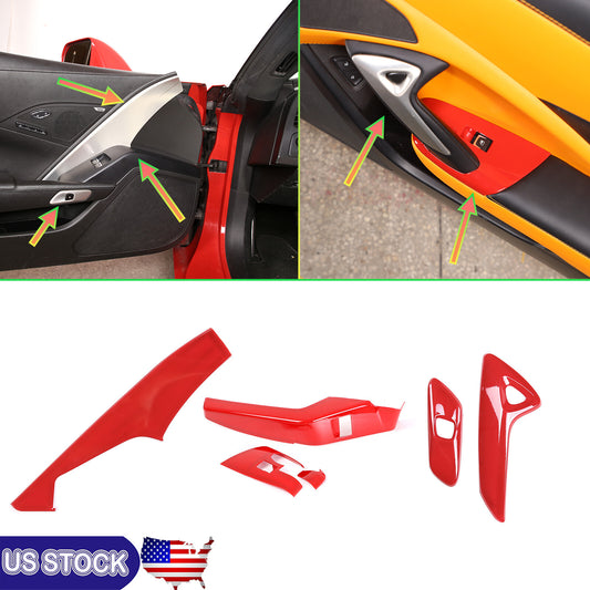 Red Interior Window Lift Door Handle Cover Trim Kit For Corvette C7 14-19 1