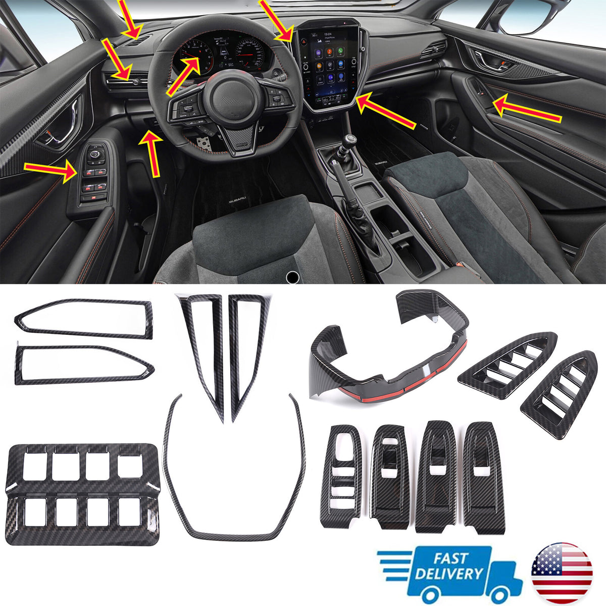 ABS Carbon Fiber Interior Center Console Cover Trim Set for Subaru WRX VB 22-24 1