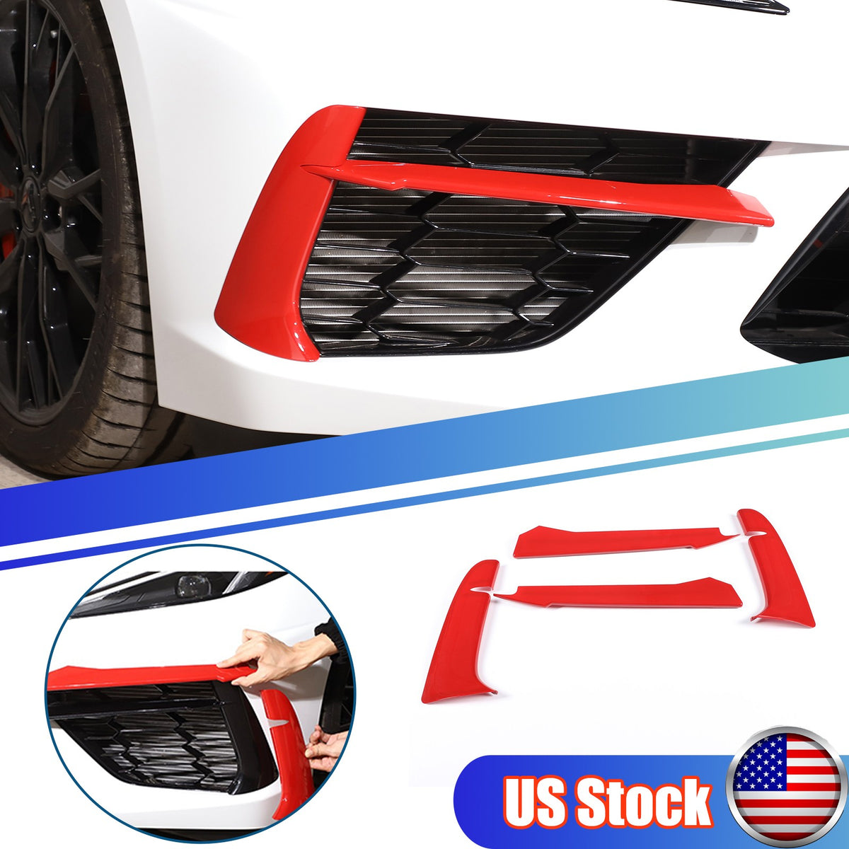 Sports Red Front Bumper Fog Light Lamp Trims for Corvette C8 2020-2025 US 1