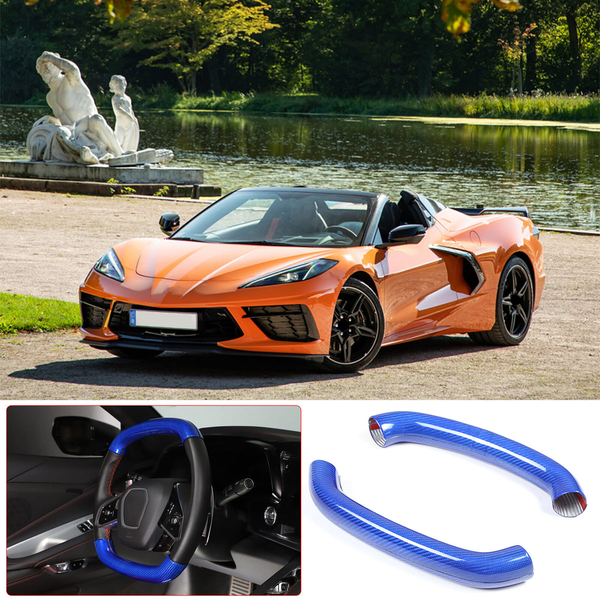 Blue Carbon Fiber Steering Wheel Top Lower Handle Cover Trim For C8 Corvette 4