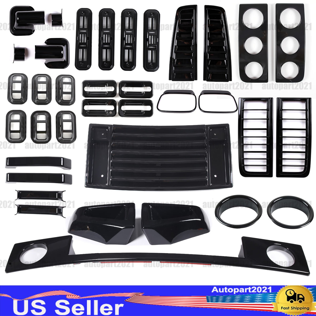 Glossy Piano Black Front Bumper Exterior Trim Cover Set For Hummer H2 2003-2009 - Styles 1-5 1