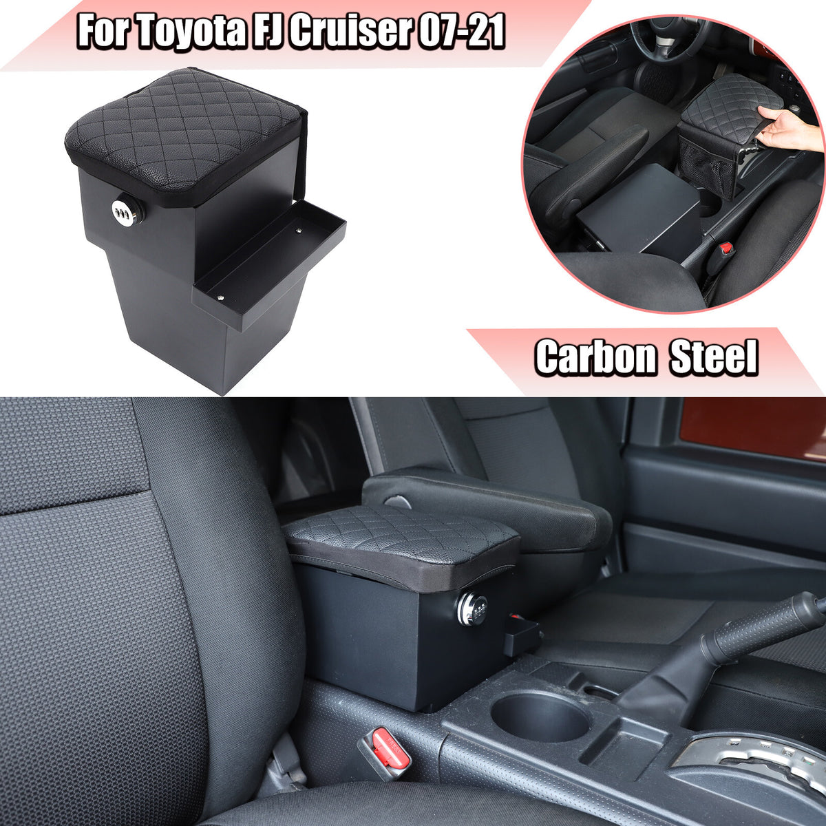 Steel Center Console Armrest Safe Storage Box w Lock For Toyota FJ Cruiser 07-21 1