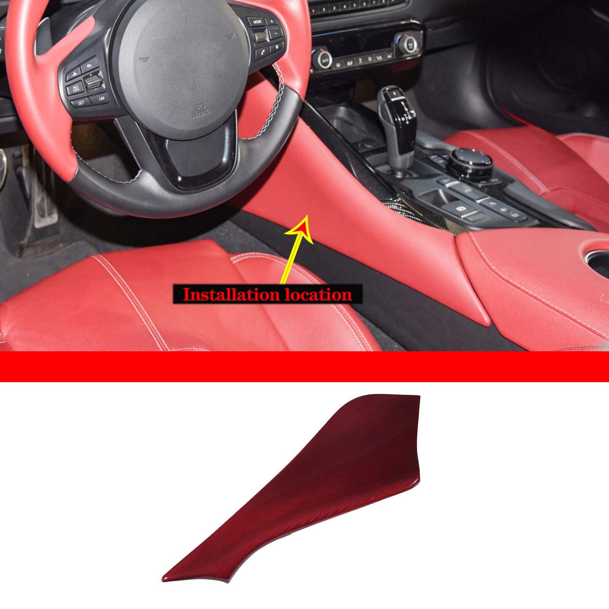 Red Real Carbon Fiber Center Console Left Side Panel Trim For GR Supra 20-23 6