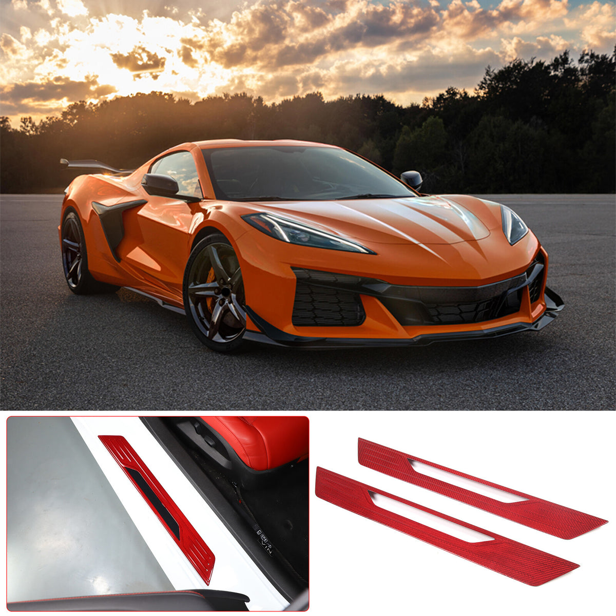 Red Real Carbon Fiber External Sill Strip Sticker Trim For Corvette C8 2020-26 2