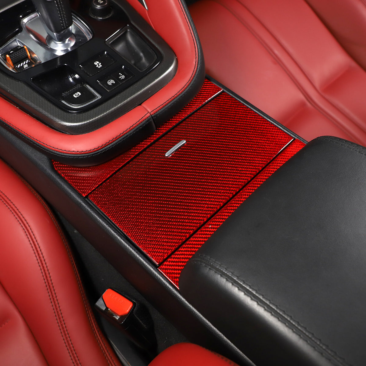 Red Carbon Fiber Interior Cup Holder Cover Trim Frame For Jaguar F-TYPE 2013-24 5