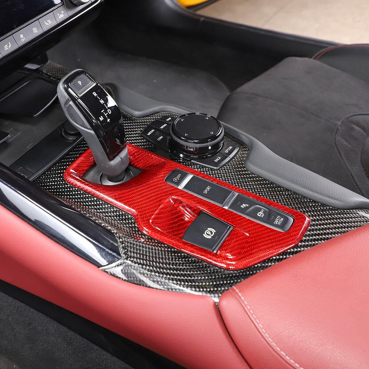 Red Carbon Car Central Console Gear Shift Panel Trim For Toyota Supra 19-22 7