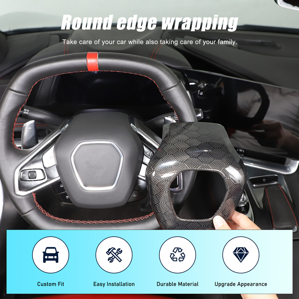 Real Honeycomb Carbon Fiber Steering Wheel Center Surround Cover For C8 Corvette 7