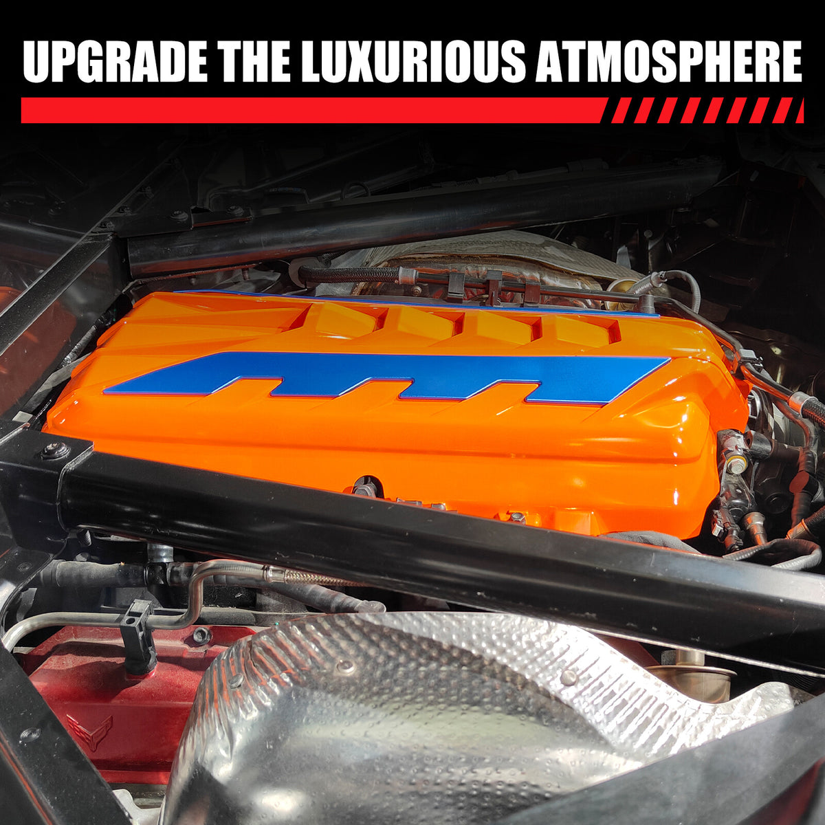 Orange Engine Bay Panel Cover Trim in Edge Blue For Corvette Coupe C8 2020-2026 9