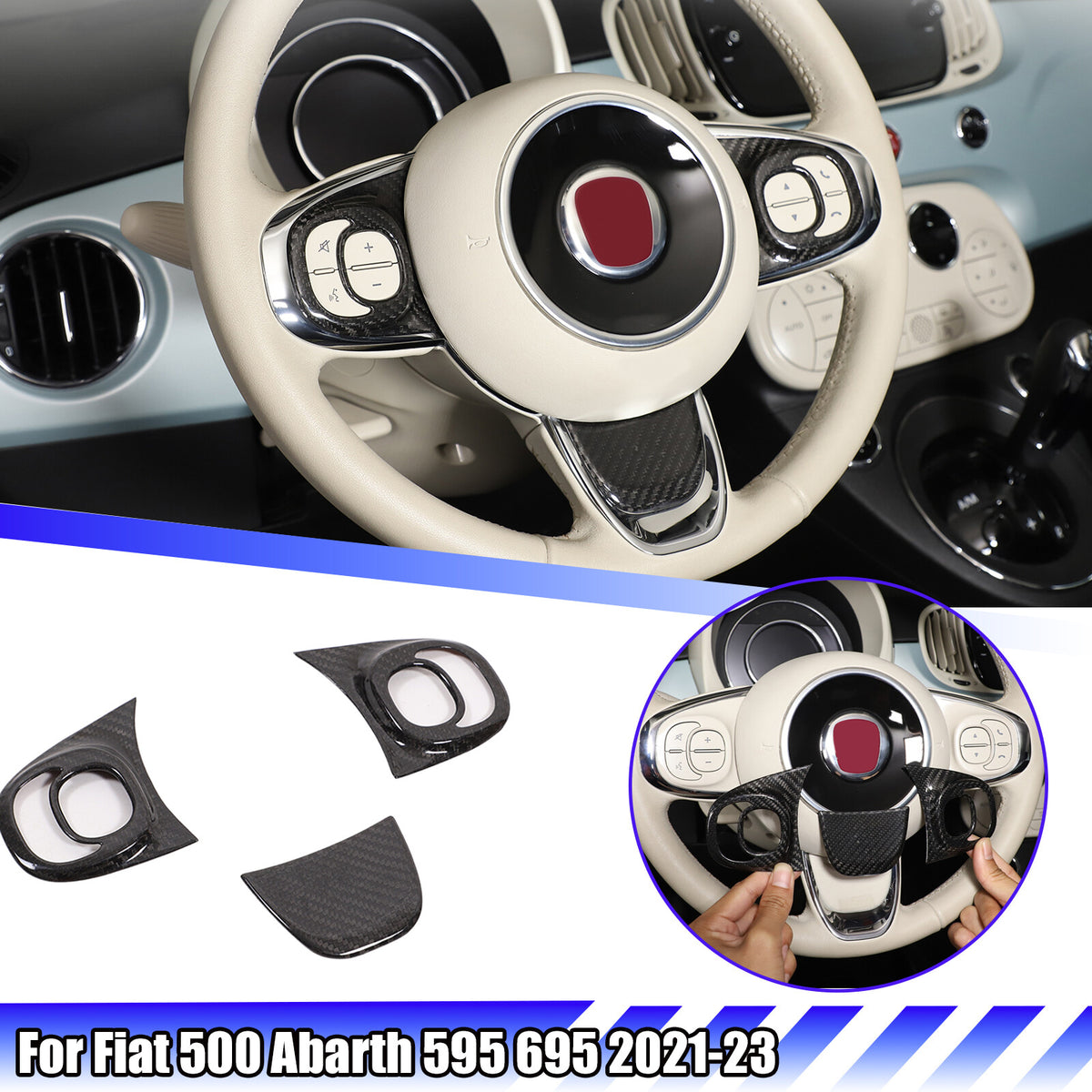 Real Carbon Fiber Steering Wheel Button Trim For Fiat 500 Abarth 595 695 2021-23 1