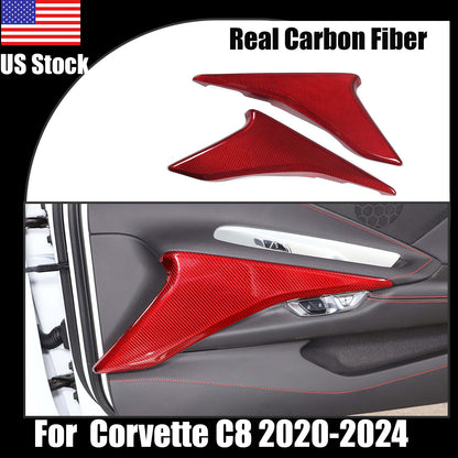 Red Real Carbon Fiber Interior Door Armrest Panel Trim Cover for Corvette C8 20+ 1