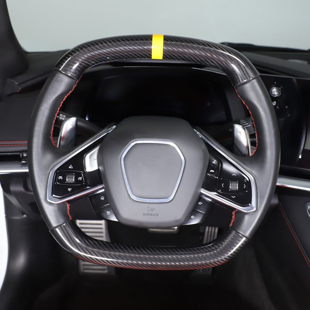 Yellow Top Real Carbon Fiber Steering Wheel Cover Trim For Corvette C8 20+ 16