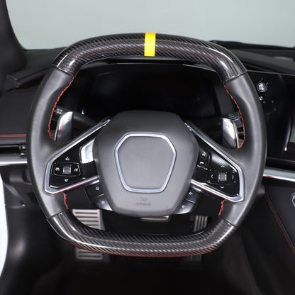 Yellow Top Real Carbon Fiber Steering Wheel Cover Trim For Corvette C8 20+ 16
