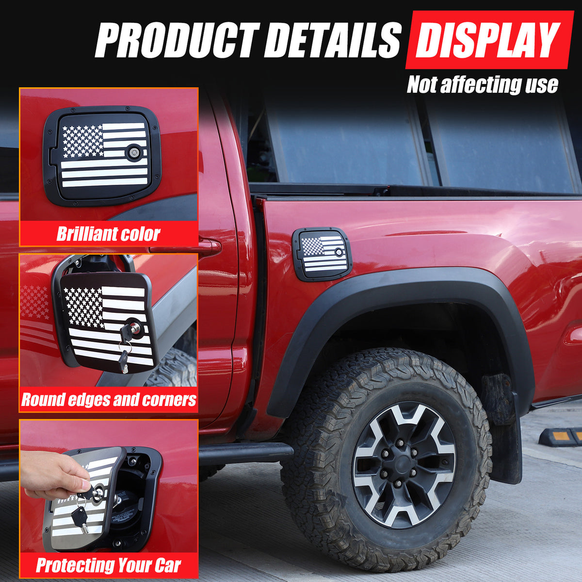 US Flag Lock Key Aluminum Gas Fuel Tank Door Cover For Toyota Tacoma 2016-23 US 9