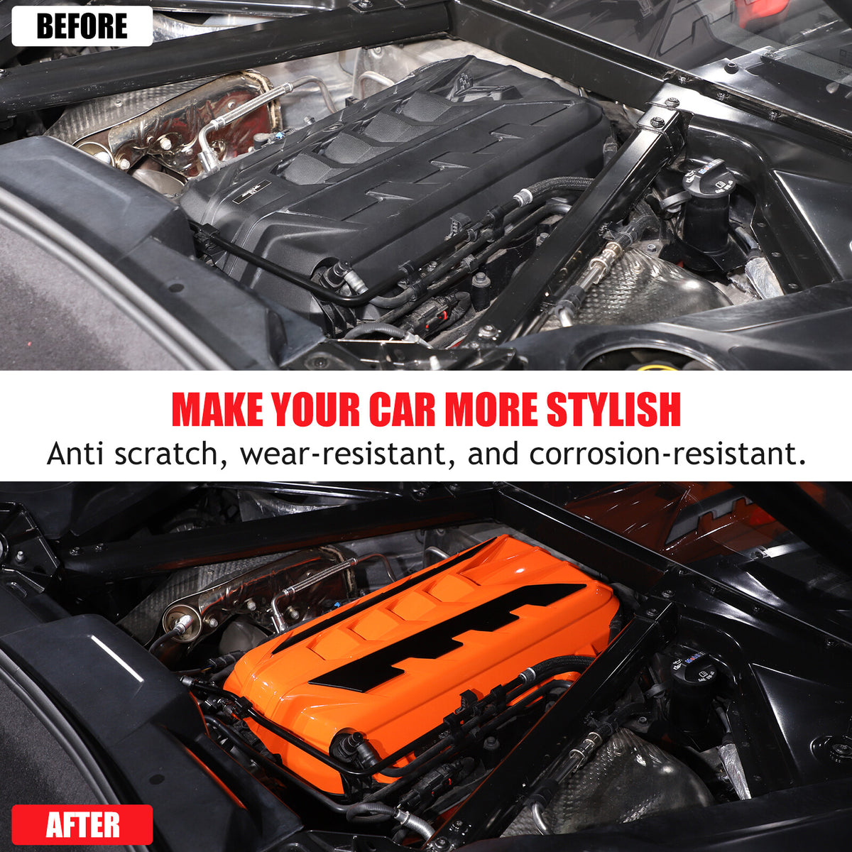 Orange Engine Bay Panel Cover Trim in Edge Black For Corvette Coupe C8 2020-2026 15