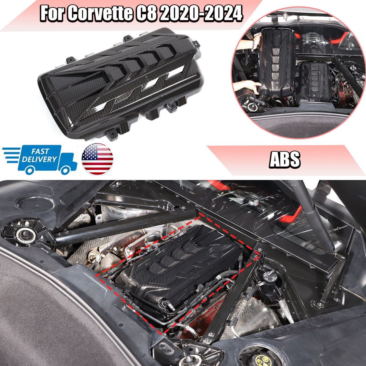 ABS Carbon Fiber Engine hood panel Trim Cover For Corvette C8 2020-2026 US 1