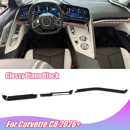 Glossy Piano Black Dashboard Side Air Outlet Trim Strip Set For Corvette C8 26+ 1