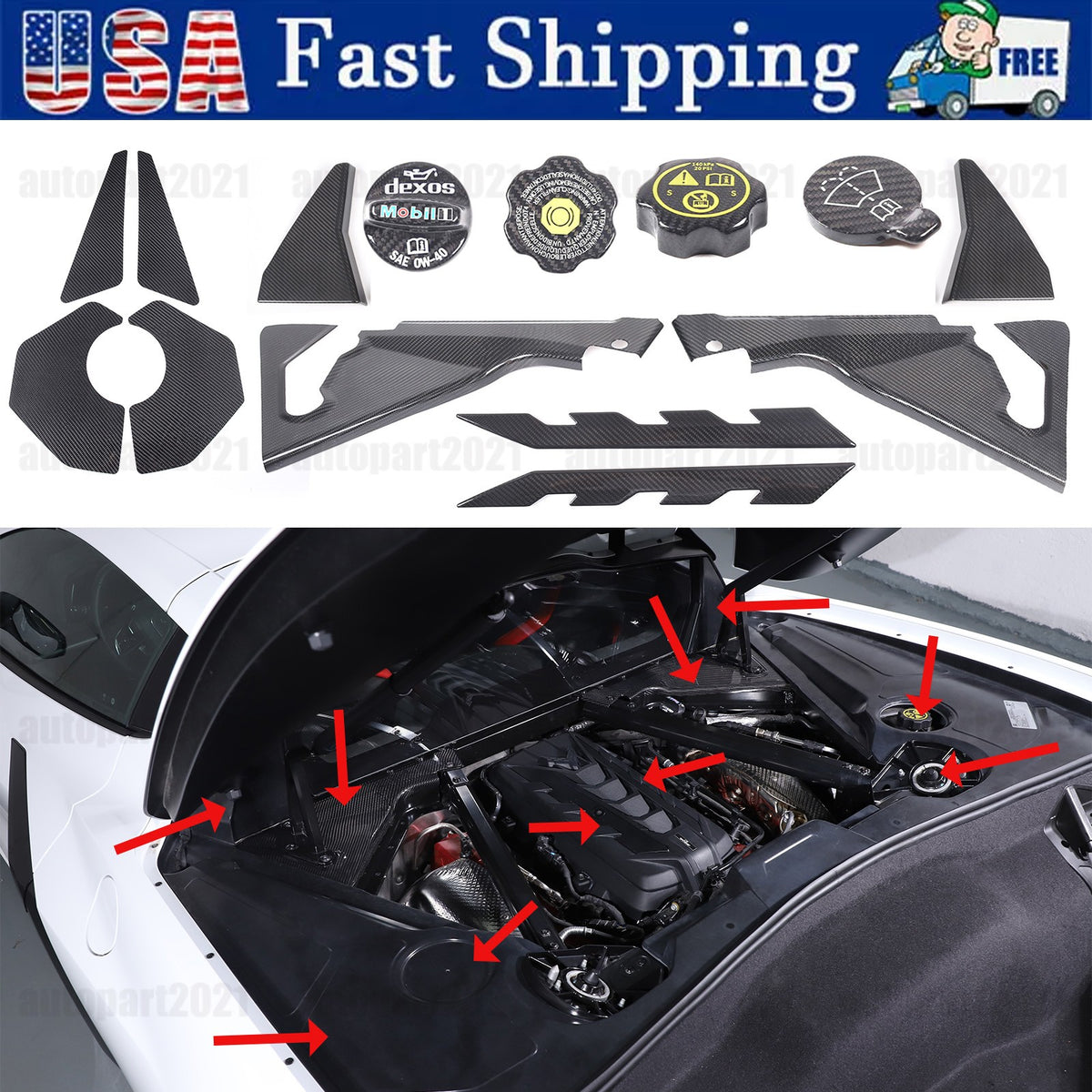 Real Dry Carbon Fiber Engine Bay Tank Panel Cover Frame Trim For Corvette C8 20+ 1