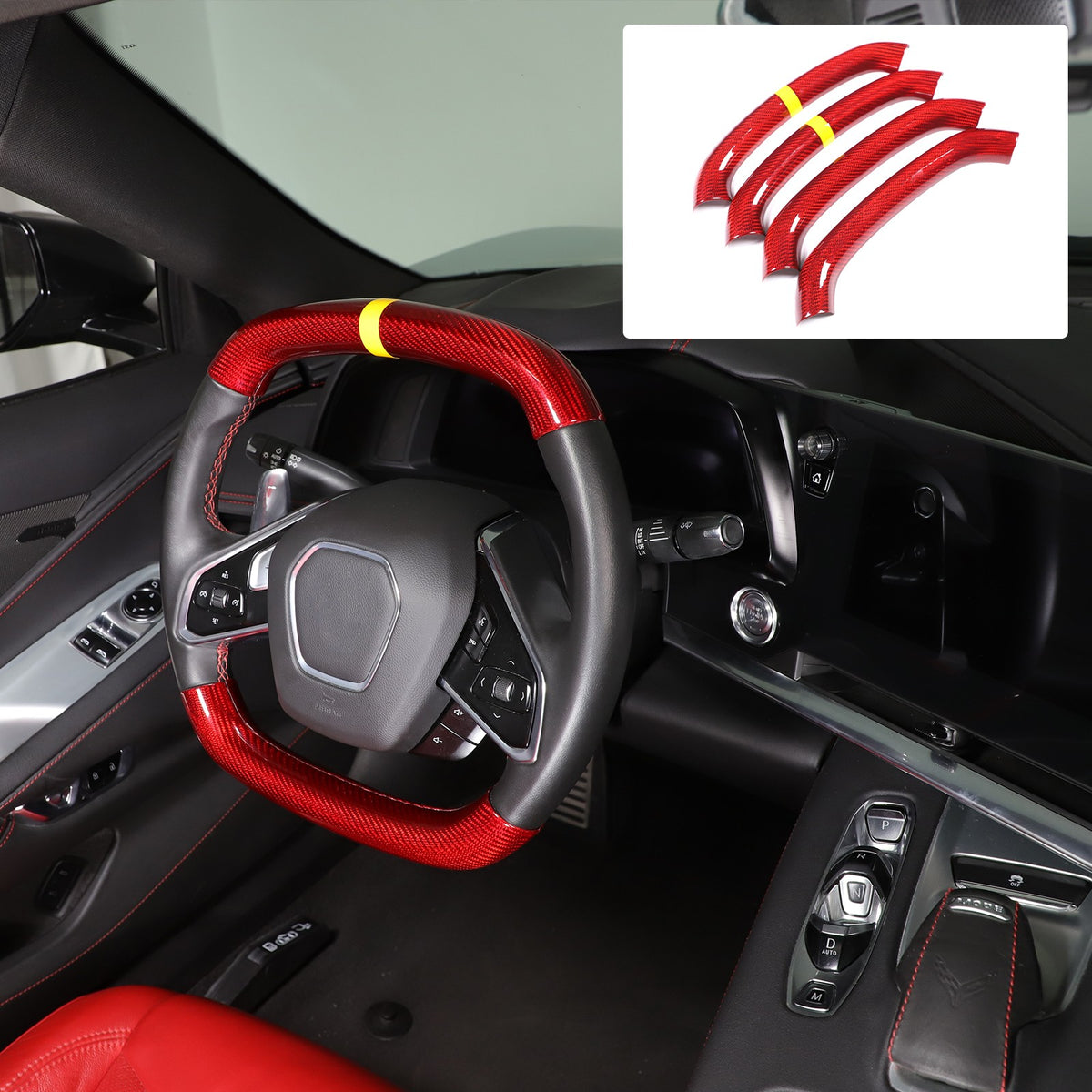 Red Real Carbon Fiber Yellow Top Steering Wheel Cover Trim For Corvette C8 2020+ 15
