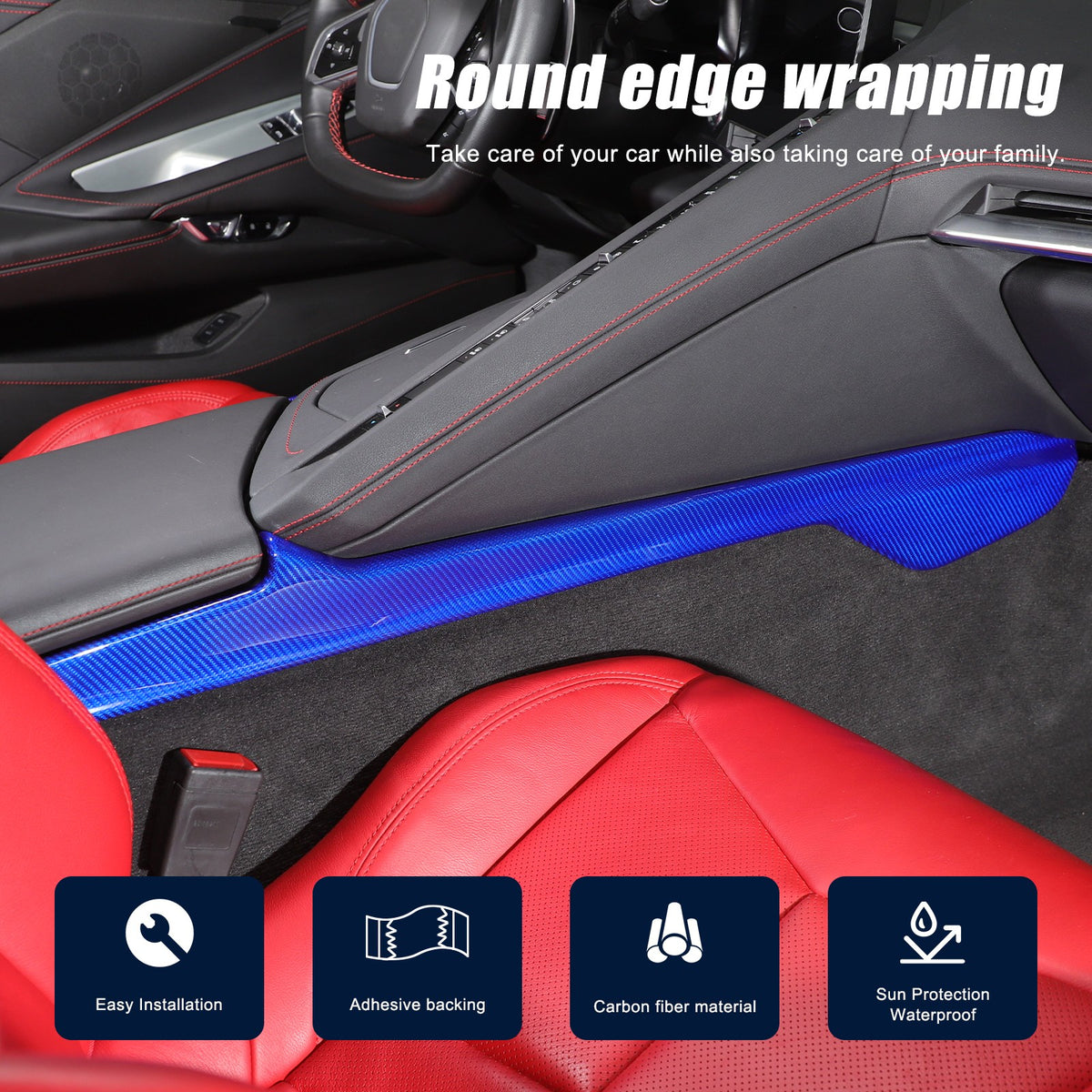 Blue Real Carbon Fiber Lower Armrest Box Panel Trim For Corvette C8 2020+ 11