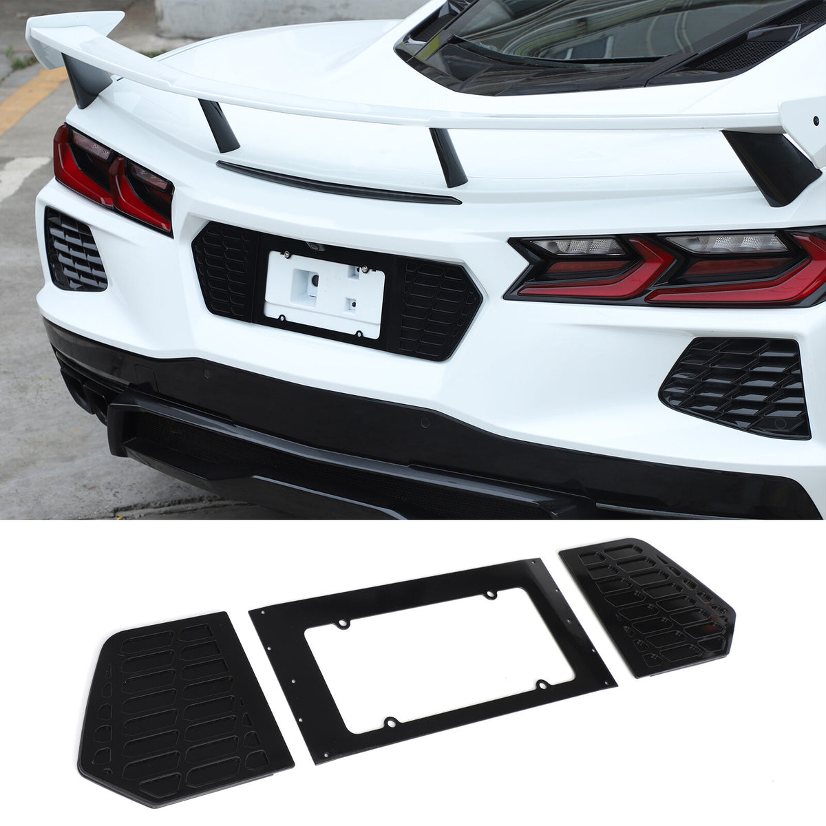 Glossy Black Alloy Rear License Plate Filler Panel Trim for Corvette C8 2020+ 19