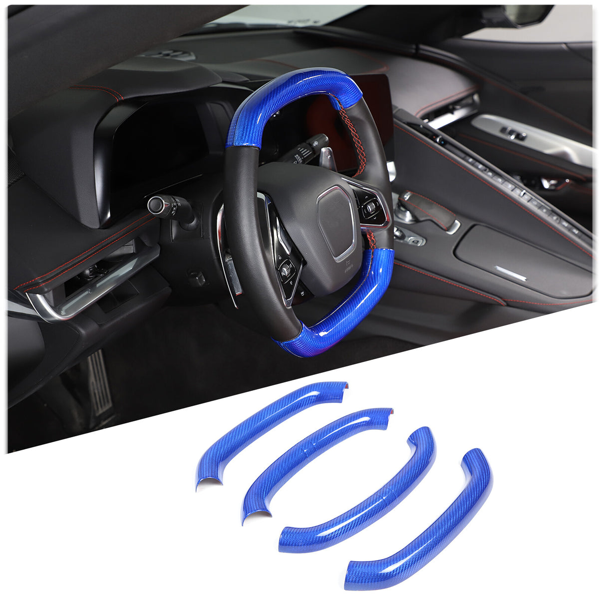 Blue Carbon Fiber Steering Wheel Top Lower Handle Cover Trim For C8 Corvette 1