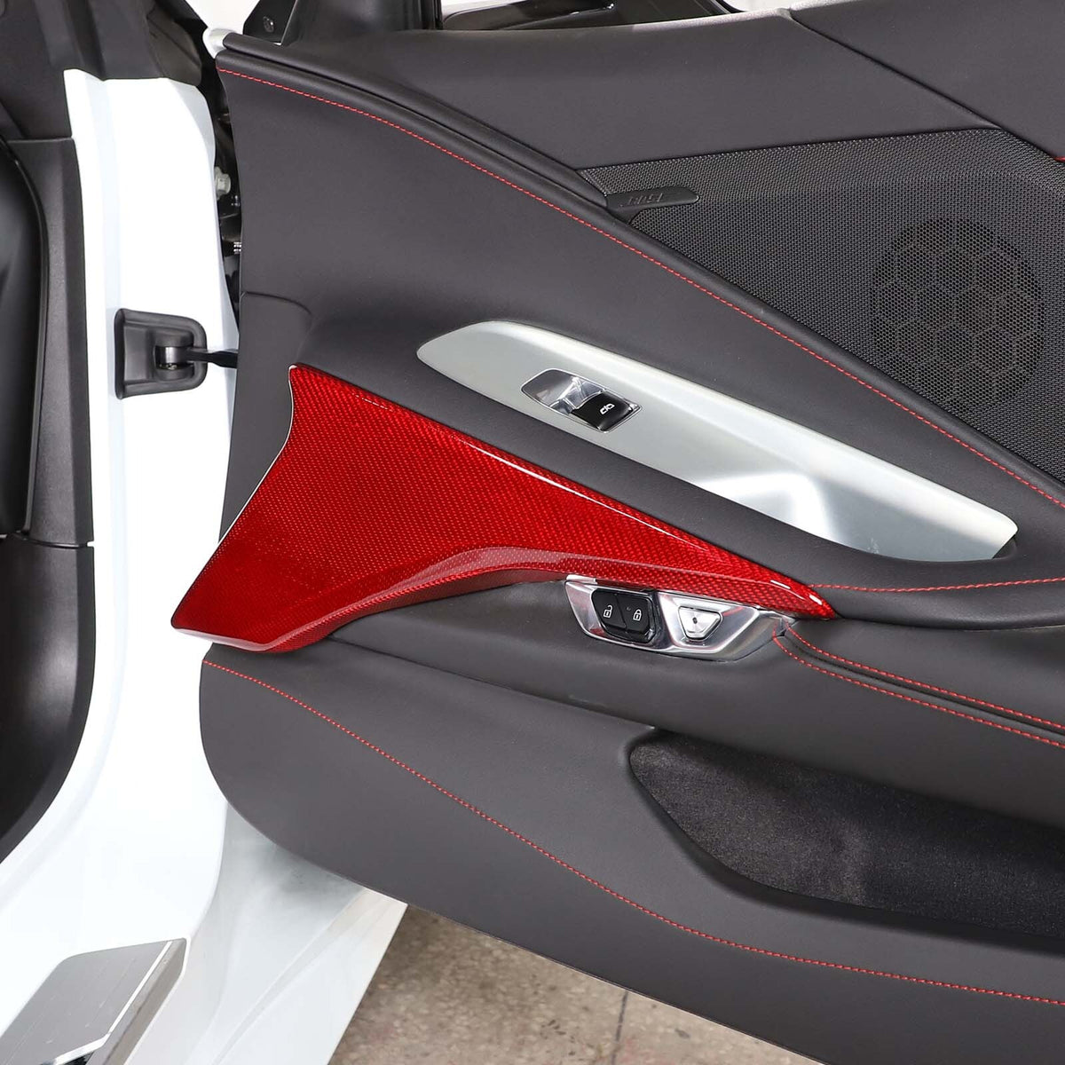Red Real Carbon Fiber Interior Door Armrest Panel Trim Cover for Corvette C8 20+ 7