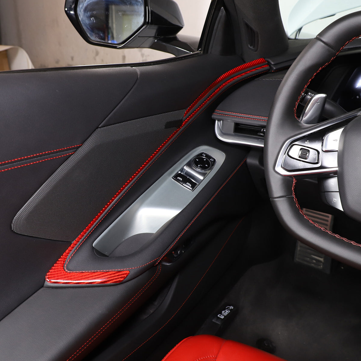 Red Soft Carbon Fiber Interior Decor Trim Kit Cover Set For Corvette C8 20-25 211