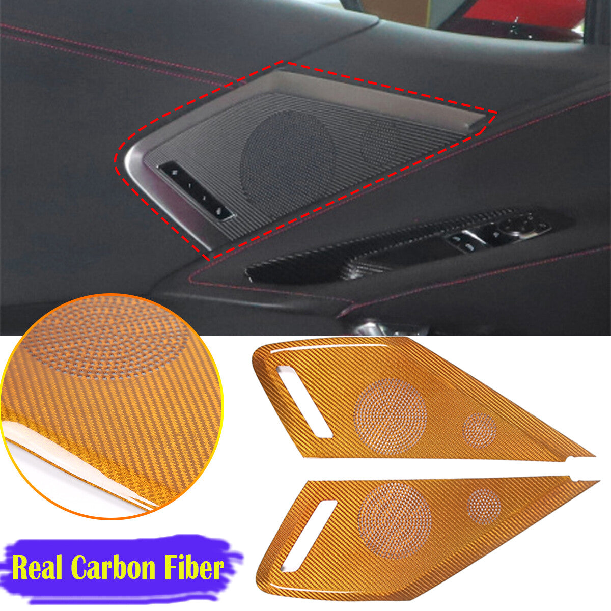 Yellow Real Carbon Fiber Inner Door Speaker Panel Cover For Corvette C8 2020-26 1