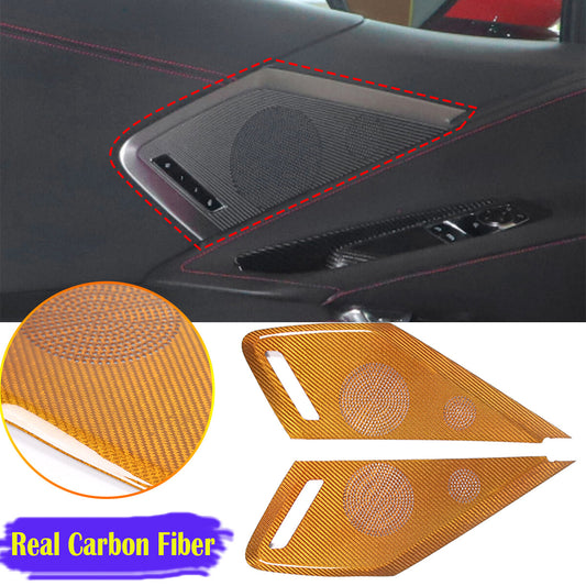 Yellow Real Carbon Fiber Inner Door Speaker Panel Cover For Corvette C8 2020-26 1