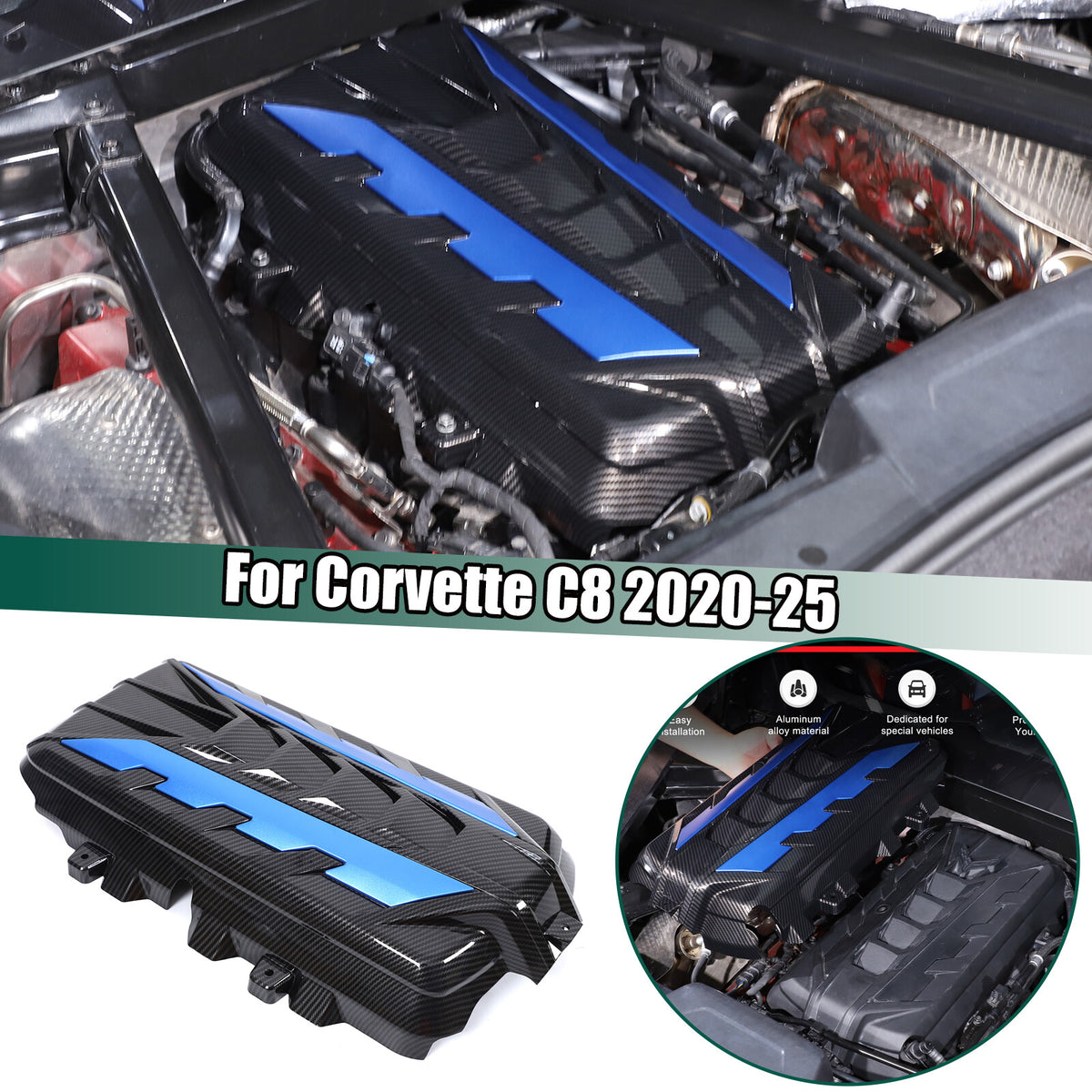 Carbon Fiber Engine Bay Panel Cover Trim in Edge Blue For Corvette C8 2020-26 US 1