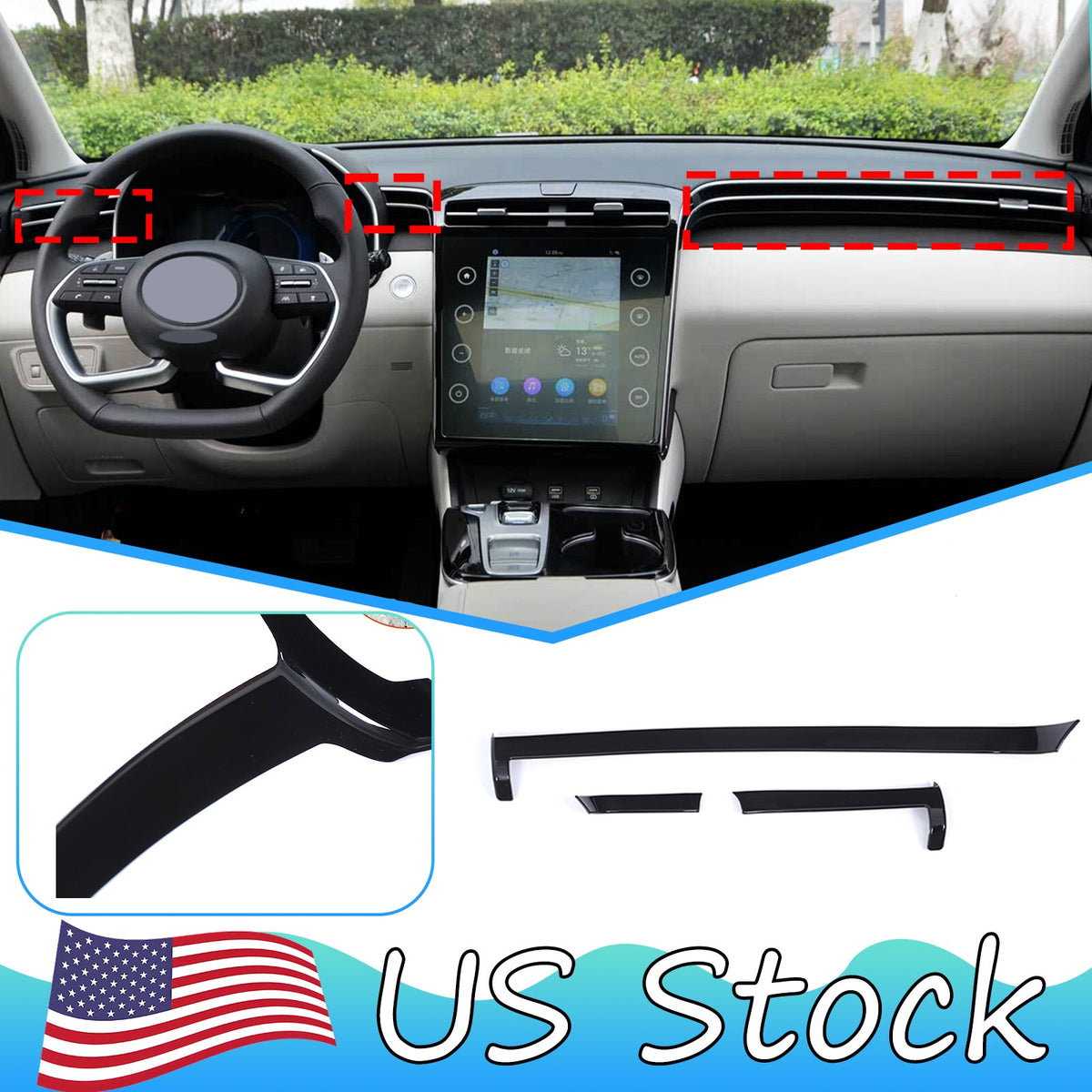 Glossy Black Center Console Air Vent Trim Strip For Hyundai Santa Cruz 2022+ US 1