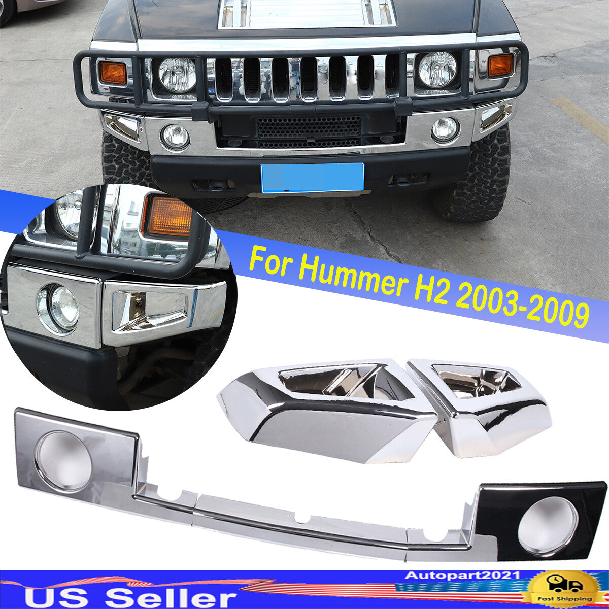 5PCS Chrome Front Bumper & Side Cover Trim Fits for 2003 -2009 Hummer H2 1
