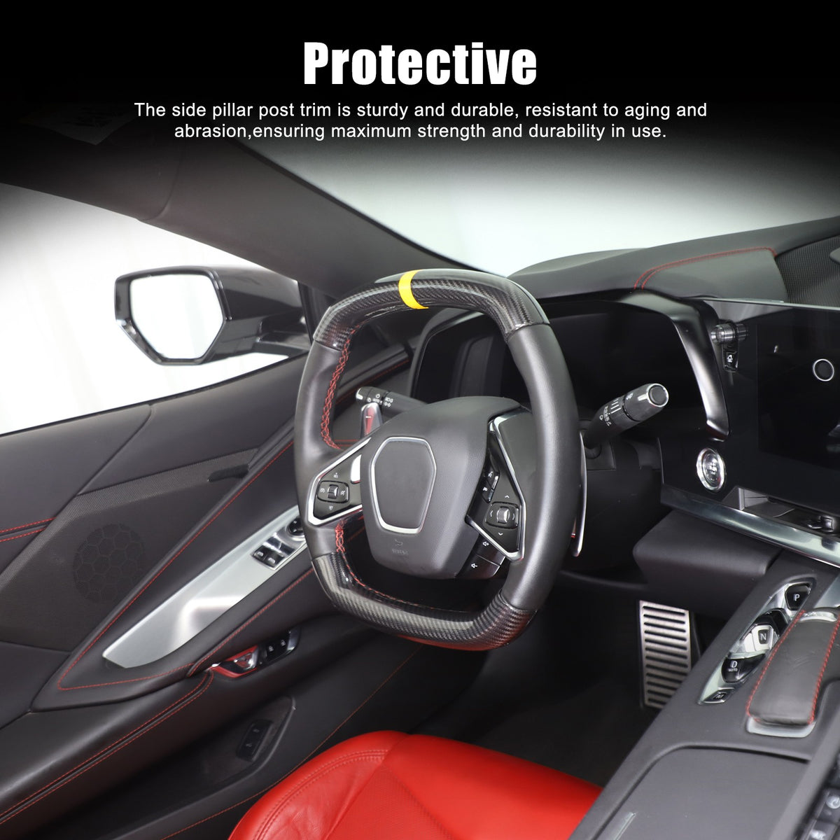 Yellow Top Real Carbon Fiber Steering Wheel Cover Trim For Corvette C8 20+ 7