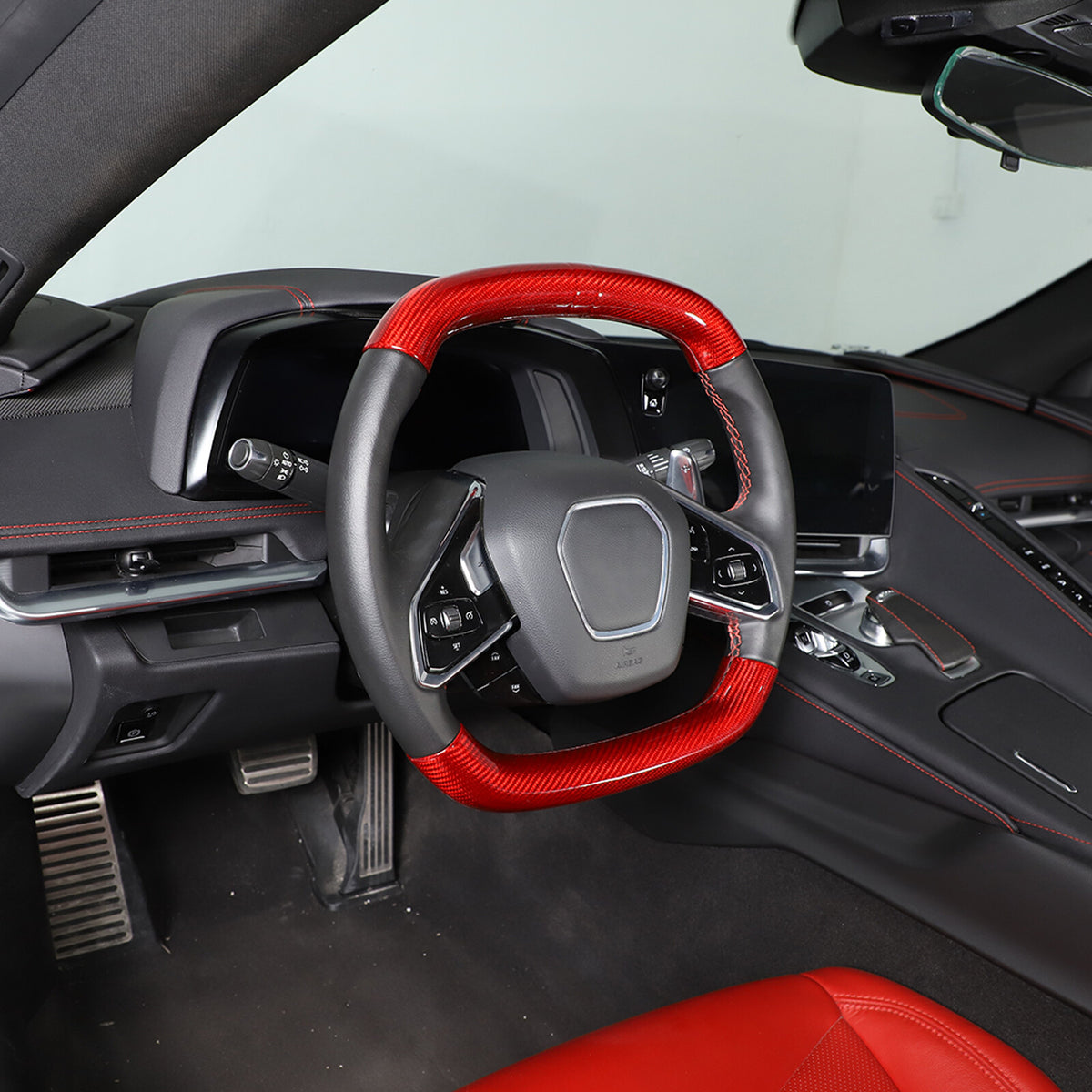 Red Real Carbon Fiber Steering Wheel Top Handle Cover Trim For C8 Corvette 20-26 13