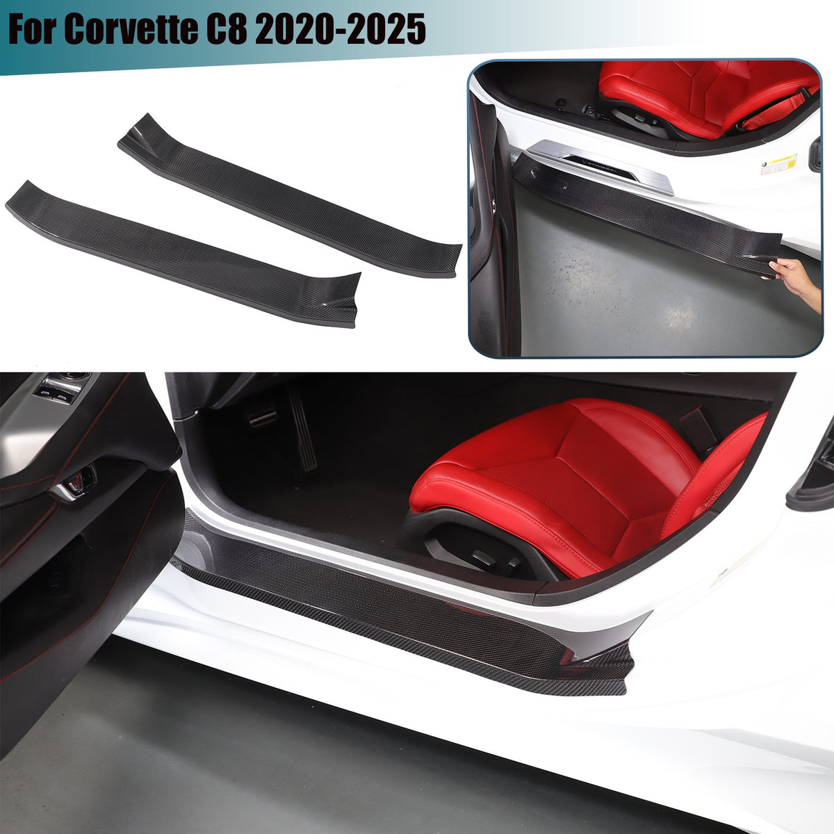 Real Carbon Fiber Full Wrapped Exterior Door Sill Plate Trim For Corvette C8 20+ 1