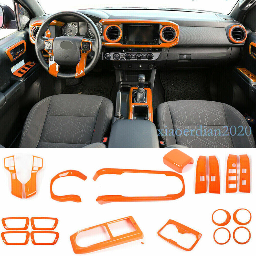 19PCS Orange Interior Full Center Console Trim Set For Toyota Tacoma 2016-22 1