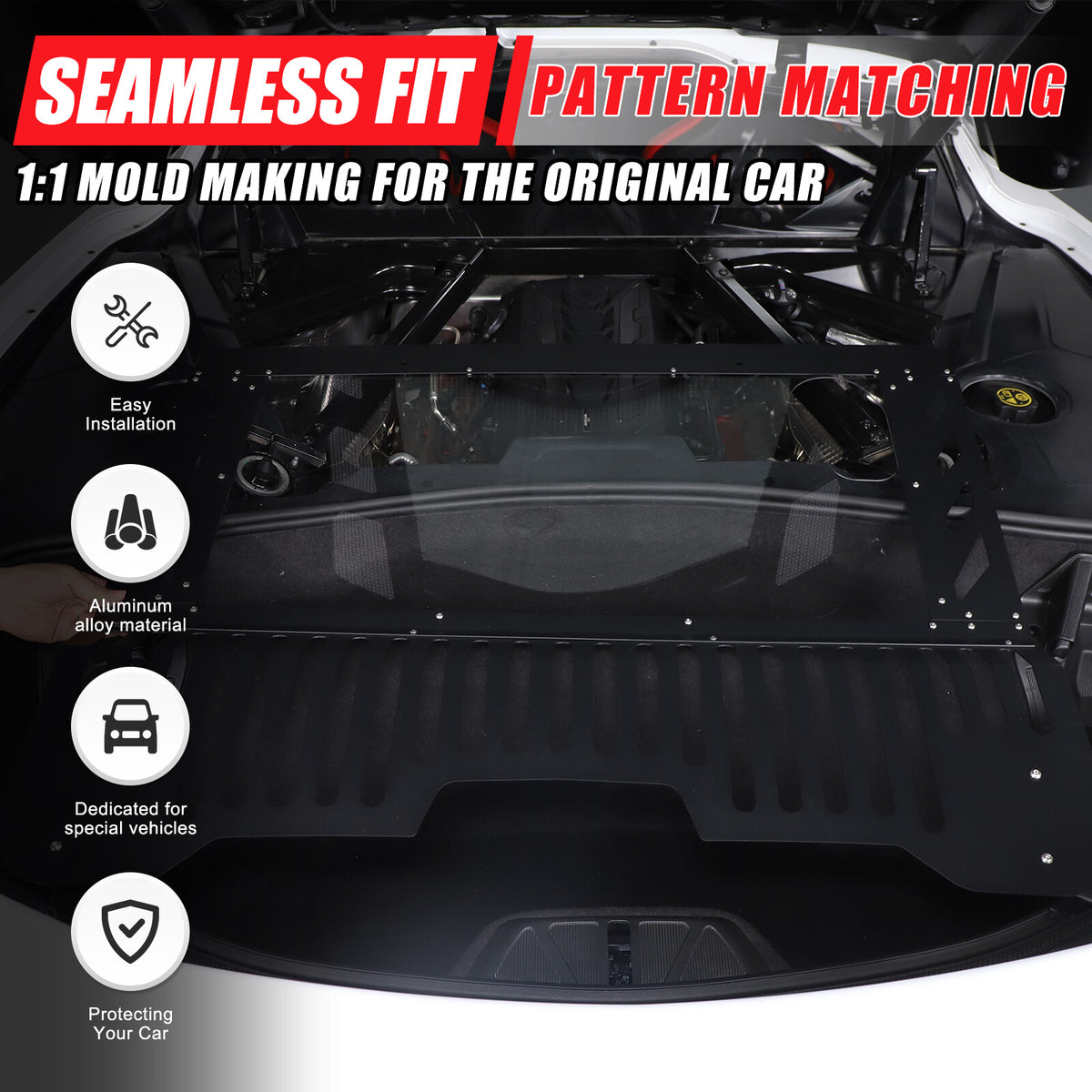 Black Aluminum Engine Hood Transparent Panel Cover Trim For Corvette C8 20+ 10