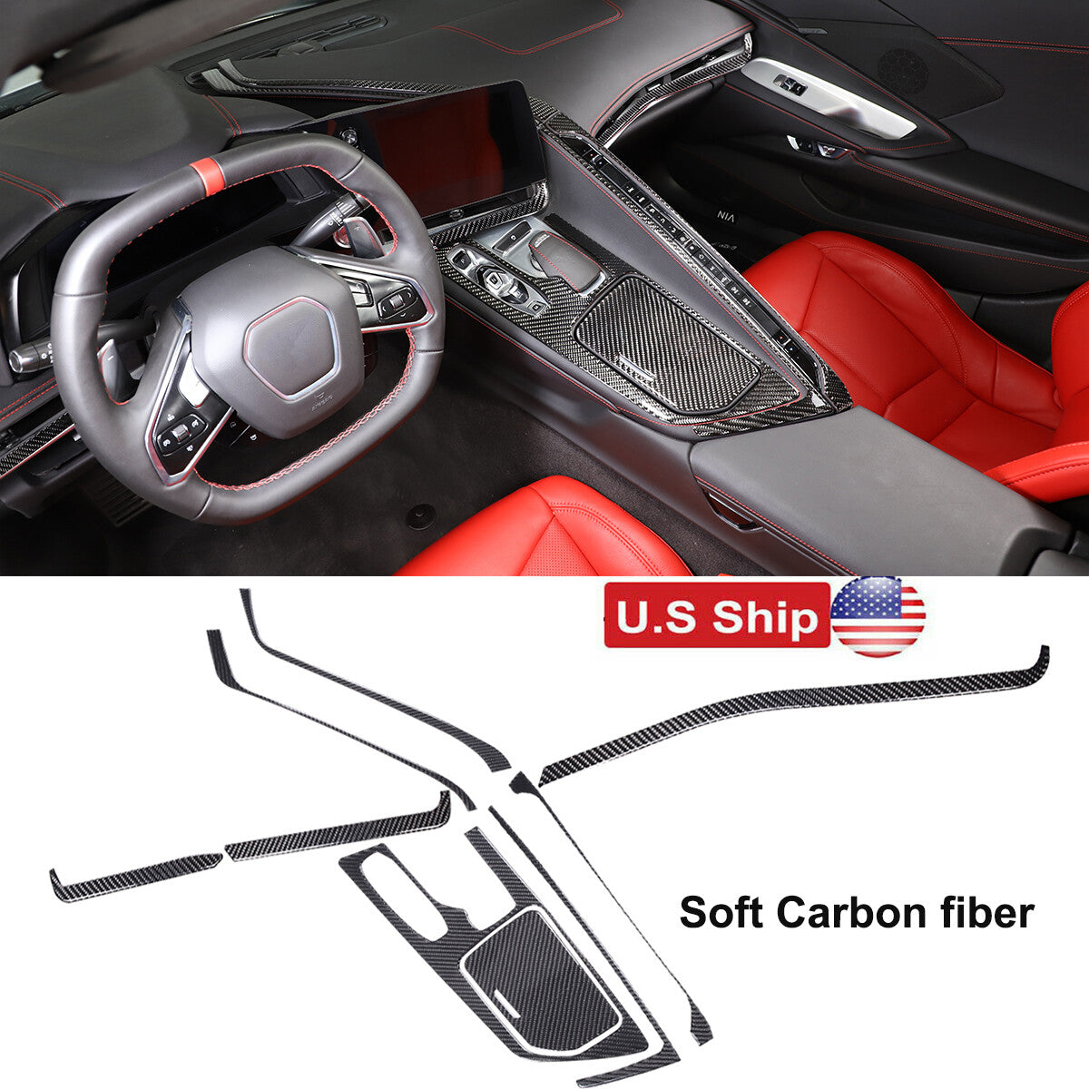 Carbon Fiber Center Console Trim Cover Sticker Set Fit For Corvette C8 20-25 US 1