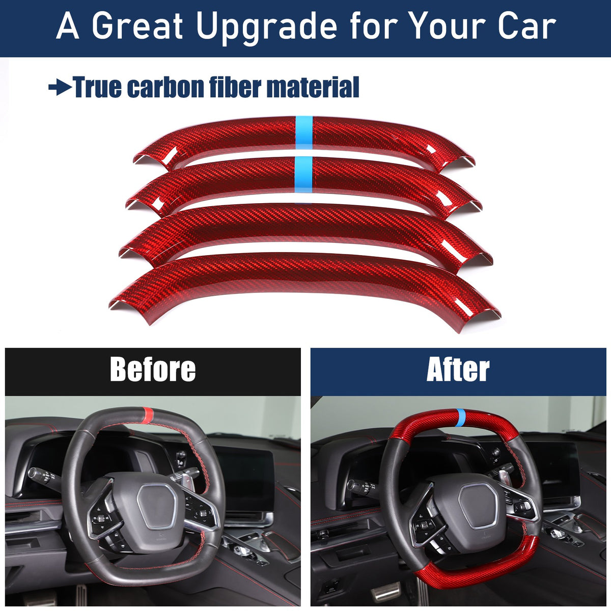 Red Real Carbon Fiber Blue Top Steering Wheel Cover Trim For Corvette C8 2020+ 19