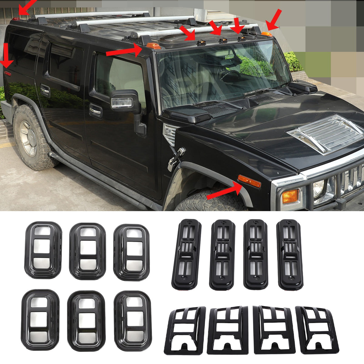 Glossy Piano Black Roof & Side Turn Signal Light Trim Set For Hummer H2 2003-09 1
