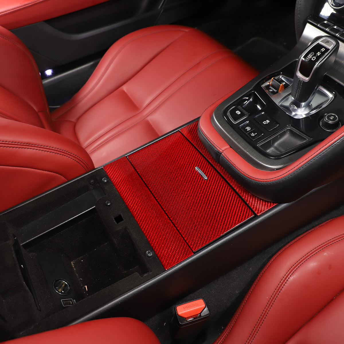 Red Carbon Fiber Interior Cup Holder Cover Trim Frame For Jaguar F-TYPE 2013-24 4