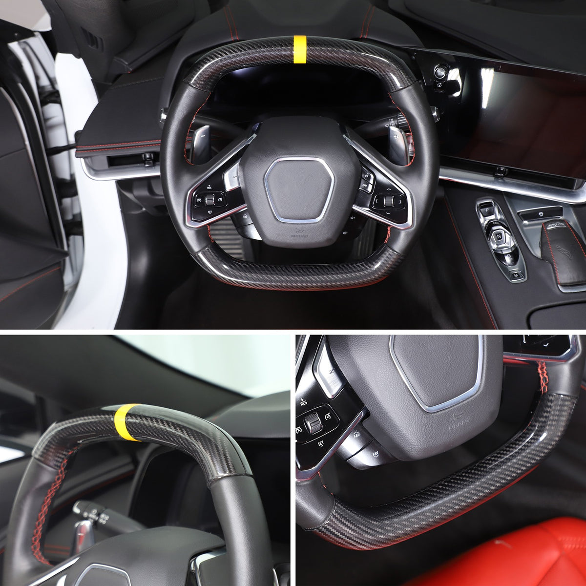 Yellow Top Real Carbon Fiber Steering Wheel Cover Trim For Corvette C8 20+ 5