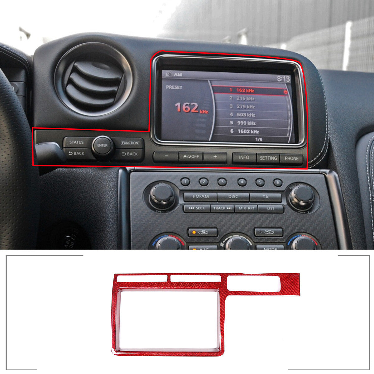 Red Carbon fiber Central Navigation Panel Cover trim For Nissan GTR R35 08-16 4