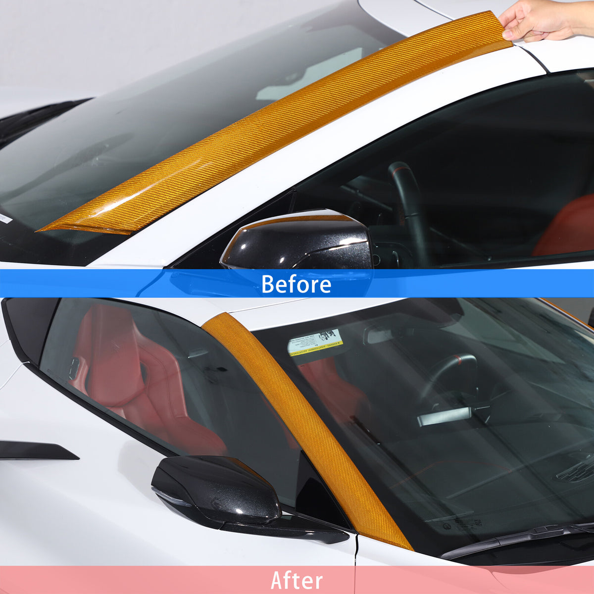 Yellow Carbon Fiber Front Window A Pillar Layover Trim For C8 Corvette 20-26 10