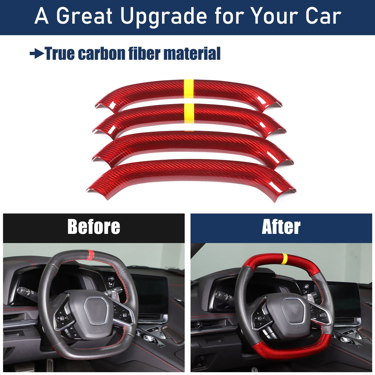 Red Real Carbon Fiber Yellow Top Steering Wheel Cover Trim For Corvette C8 2020+ 19