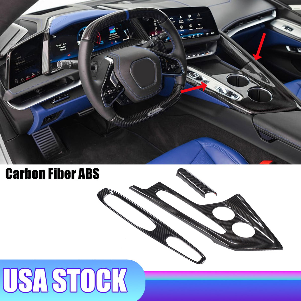 Carbon Fiber ABS Center Console Gear Shift Panel Trim Set For Corvette C8 26+ US 1