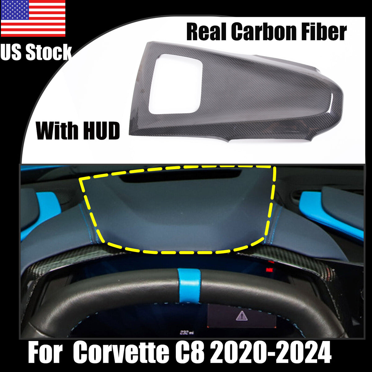 Real Carbon Fiber Dashboard Upper Overlay Trim cover For C8 Corvette With HUD 1