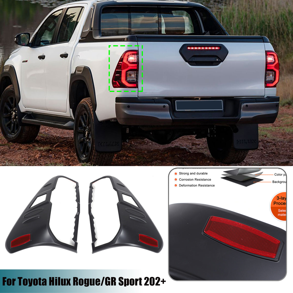 Black Tail Light Taillight Cover Trim For Toyota Hilux Rogue/GR Sport 202+ 1