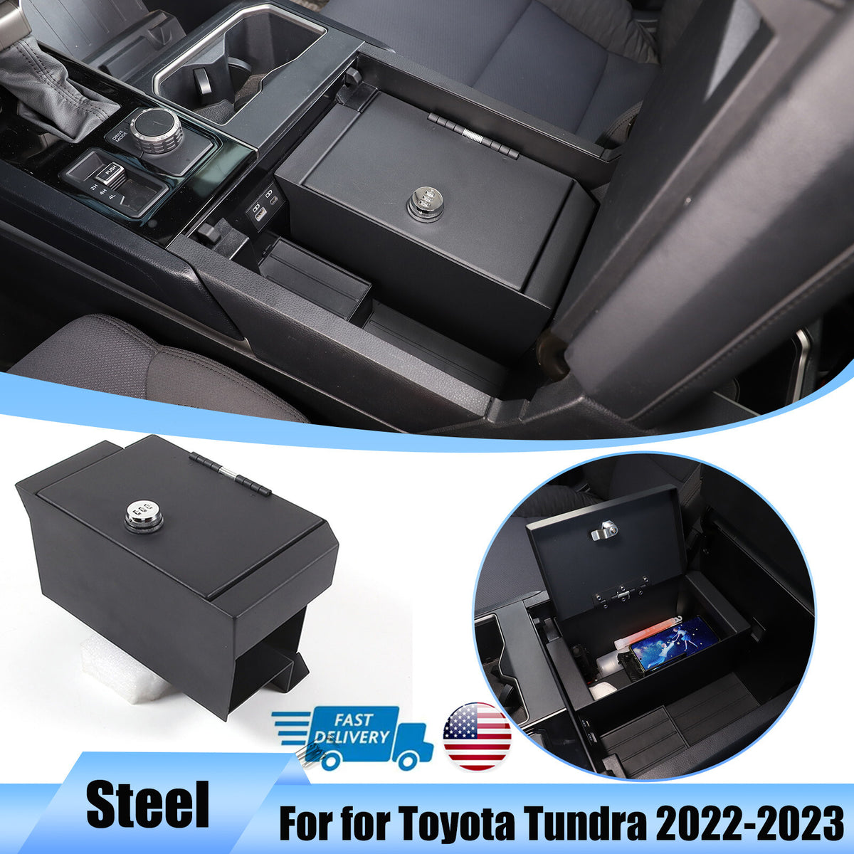 Interior Console Lock Security Storage Vault Safe Box for Toyota Tundra 2022+ 1